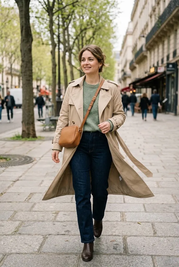Woman over 30 wearing a lightweight trench coat for a capsule wardrobe outfit
