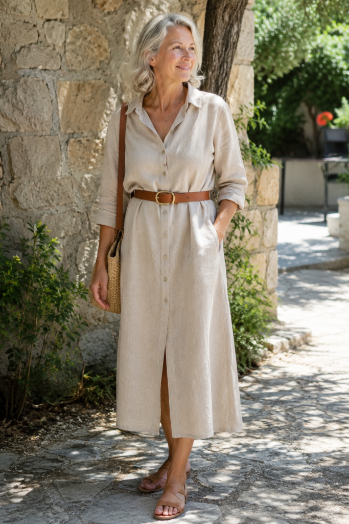 Linen shirtdress cinched with a leather belt, breezy outfit for hot afternoons