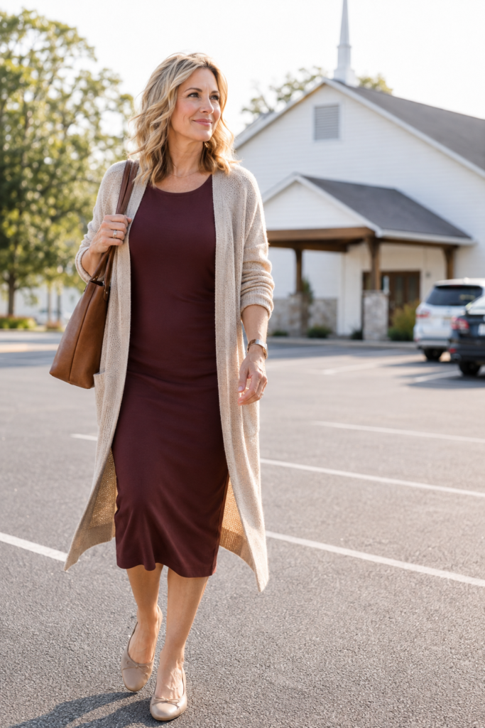 Long open cardigan layered over a sleeveless dress for church