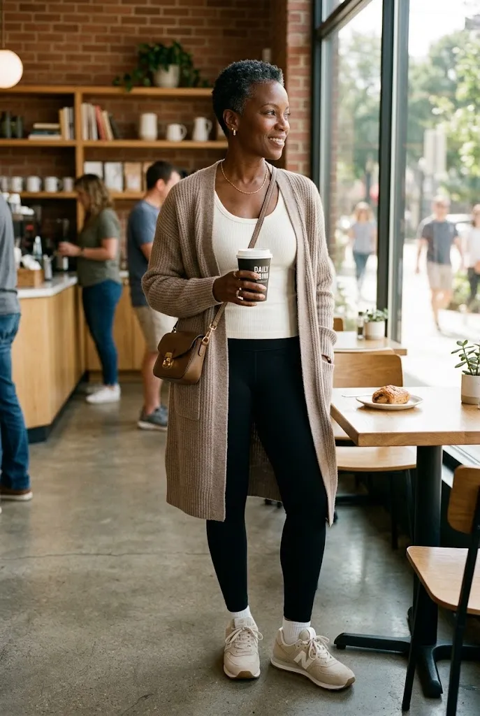 Black woman over 40 in black leggings, ivory top, long taupe cardigan, and sneakers