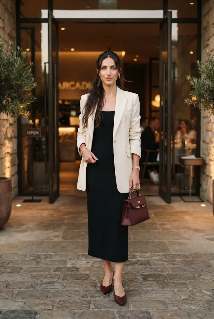 Woman over 40 wearing a longline blazer over a sleek black dress