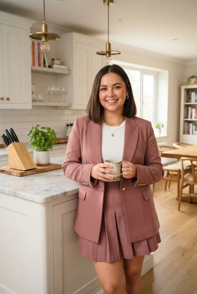 Woman wearing a matching co-ord set as an easy cocktail party outfit