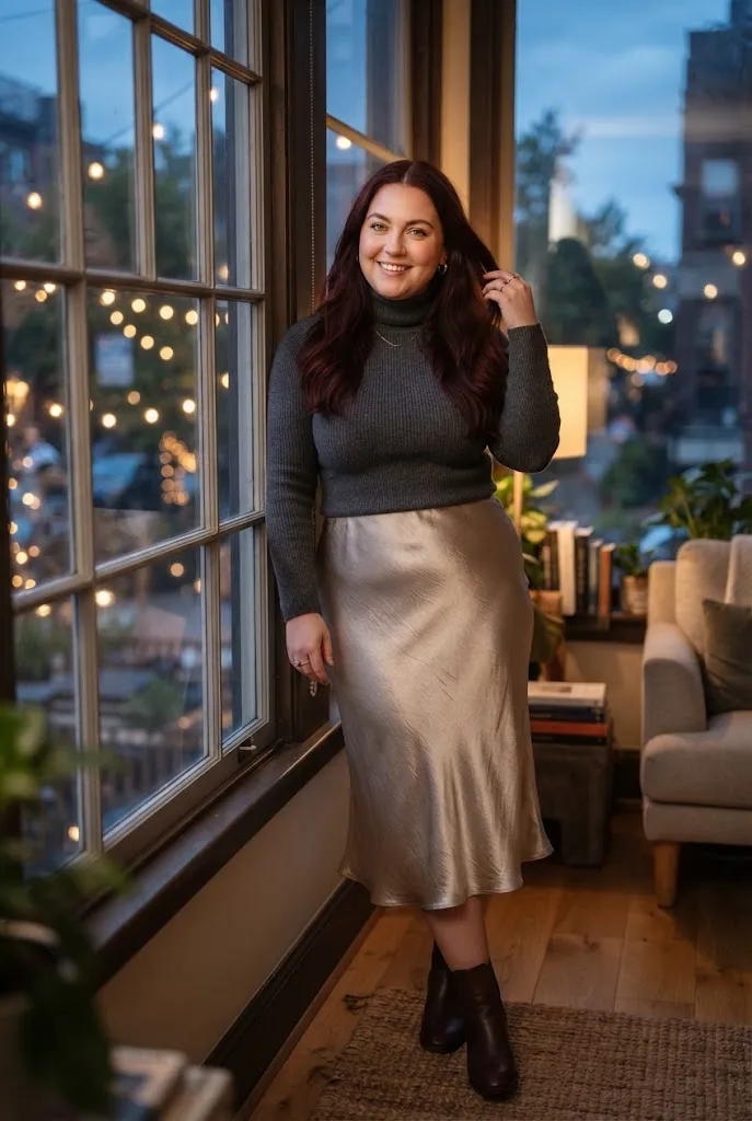 Woman wearing a metallic slip skirt with a fitted turtleneck for a winter cocktail party
