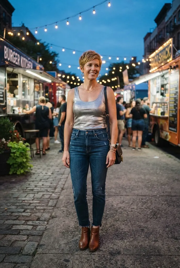 Woman in her 40s wearing a silver metallic tank tucked into dark denim jeans