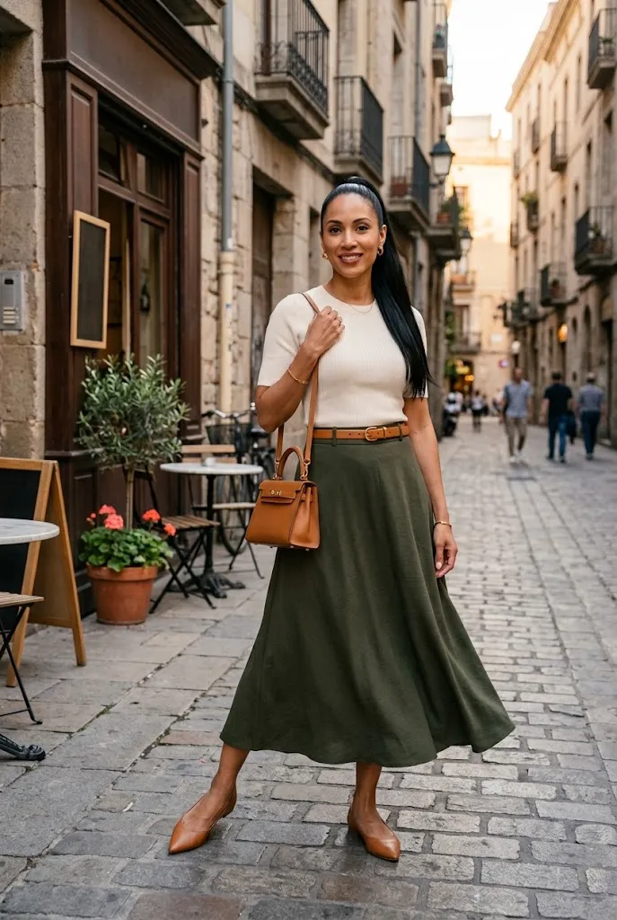 Woman over 30 wearing an elegant A-line midi skirt with a capsule wardrobe outfit
