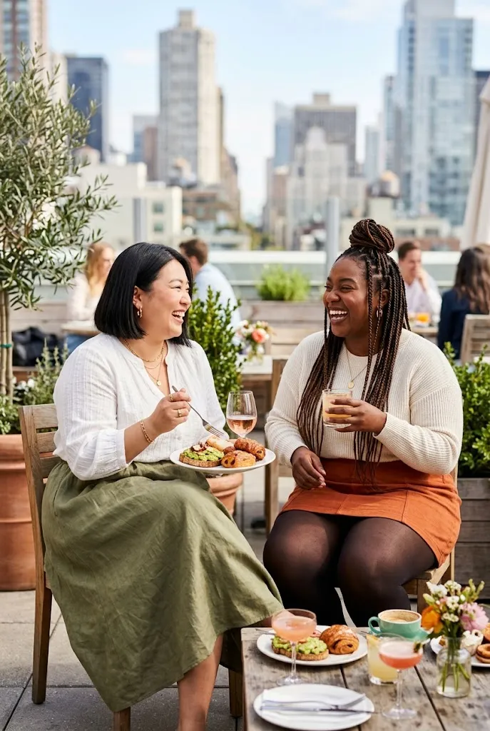 Two plus size women with full figured bodies comparing a midi skirt and mini skirt at brunch