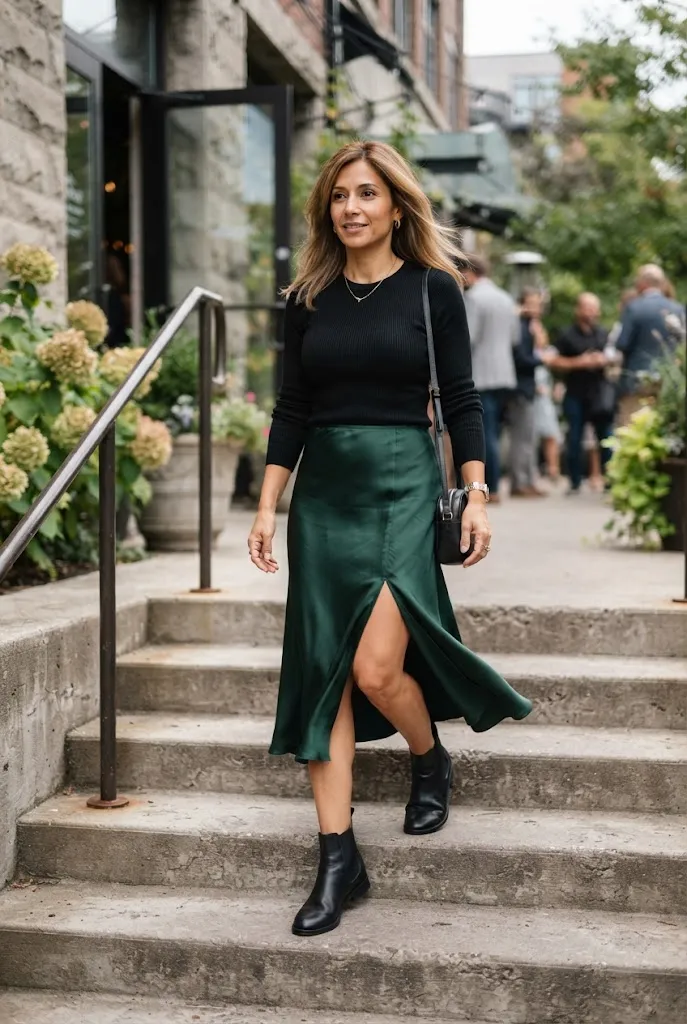 Woman in her 40s wearing a dark emerald satin midi skirt with a front slit and a fitted top