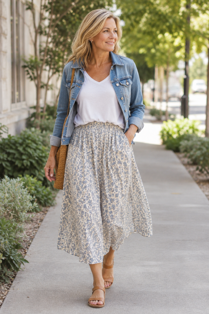 Midi skirt outfit with tucked tee and open denim jacket, casual look for women over 50