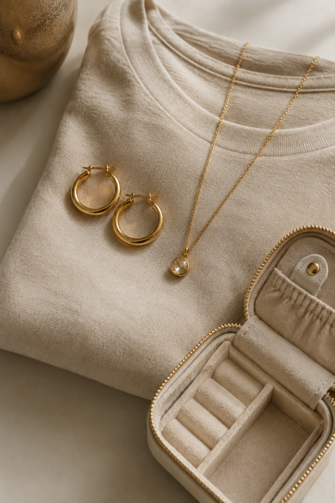 Two simple jewelry pieces, hoop earrings and a pendant necklace, laid on a travel outfit