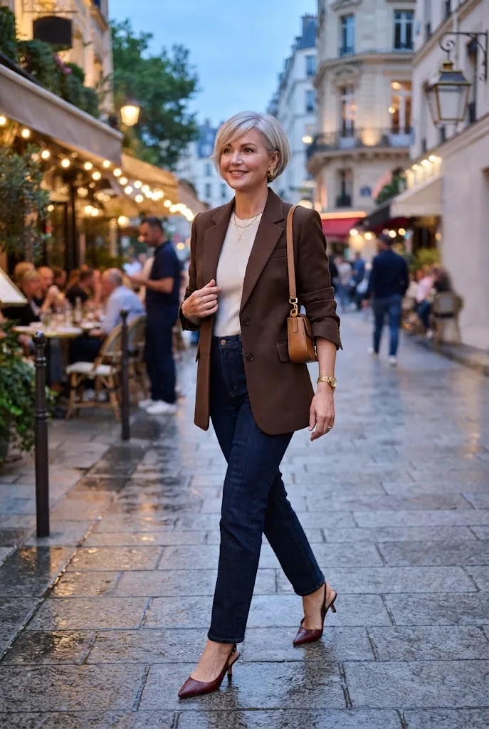 Woman over 40 in a modern brown blazer, dark jeans and ivory top for girls night out
