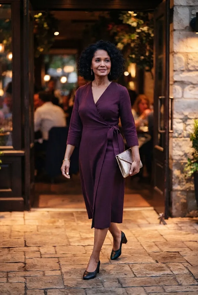 Woman over 40 wearing a modern plum dress with low heels and a metallic clutch