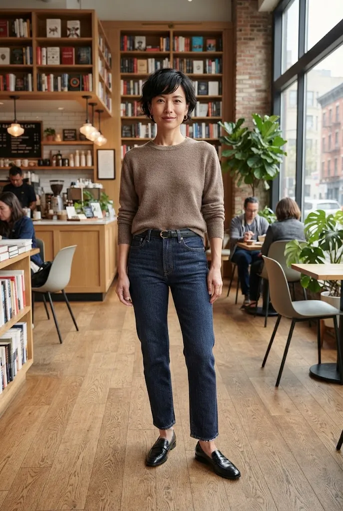 Woman wearing a modern cotton sweater with dark denim jeans in a polished casual capsule wardrobe outfit.
