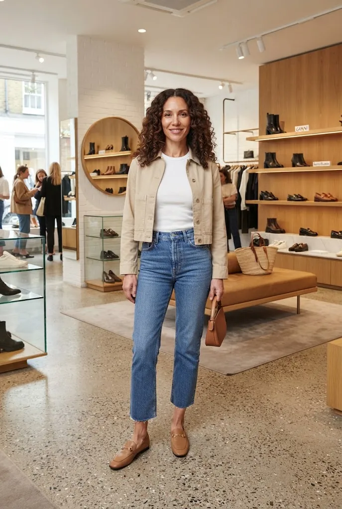 Woman wearing cropped straight-leg denim with modern comfortable loafers and a cotton top.