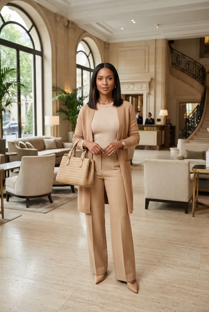 Woman wearing a monochrome beige capsule wardrobe outfit