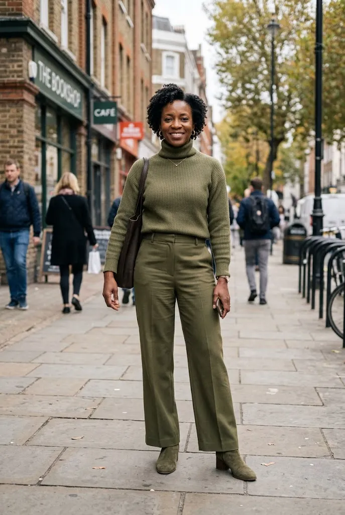 Black woman over 40 wearing an olive green monochrome outfit on a city sidewalk