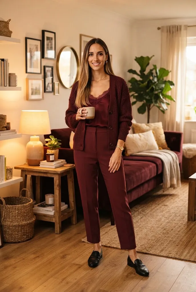 Woman wearing a monochrome outfit built with mixed textures for a cocktail party