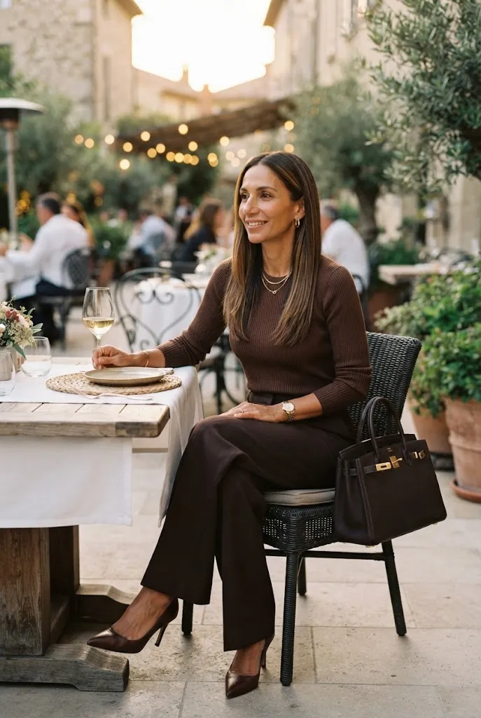 Woman over 40 wearing a monochrome brown outfit with wide-leg trousers for girls night out