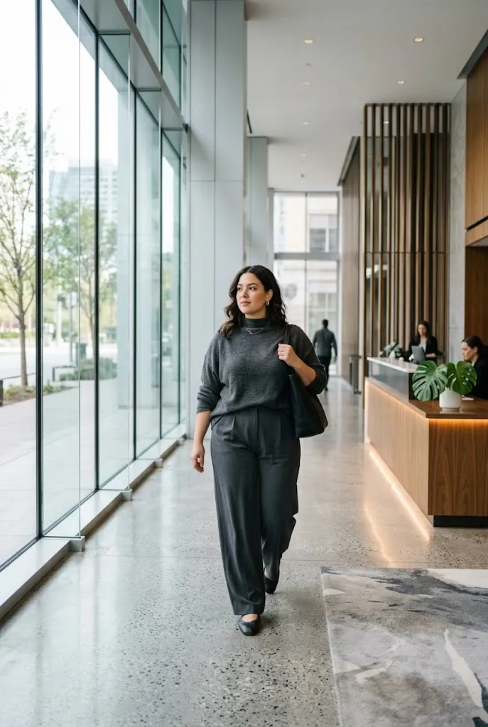 Curvy woman wearing a monochrome charcoal top and trouser work outfit
