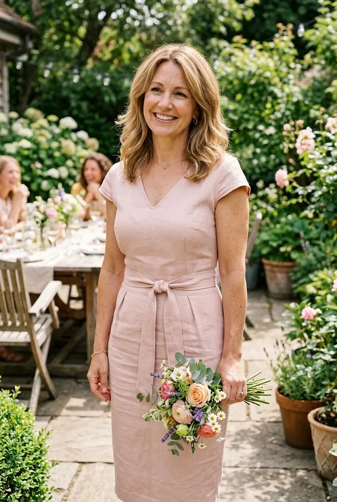Woman in her 40s in a blush colored dress celebrating Mother's Day brunch