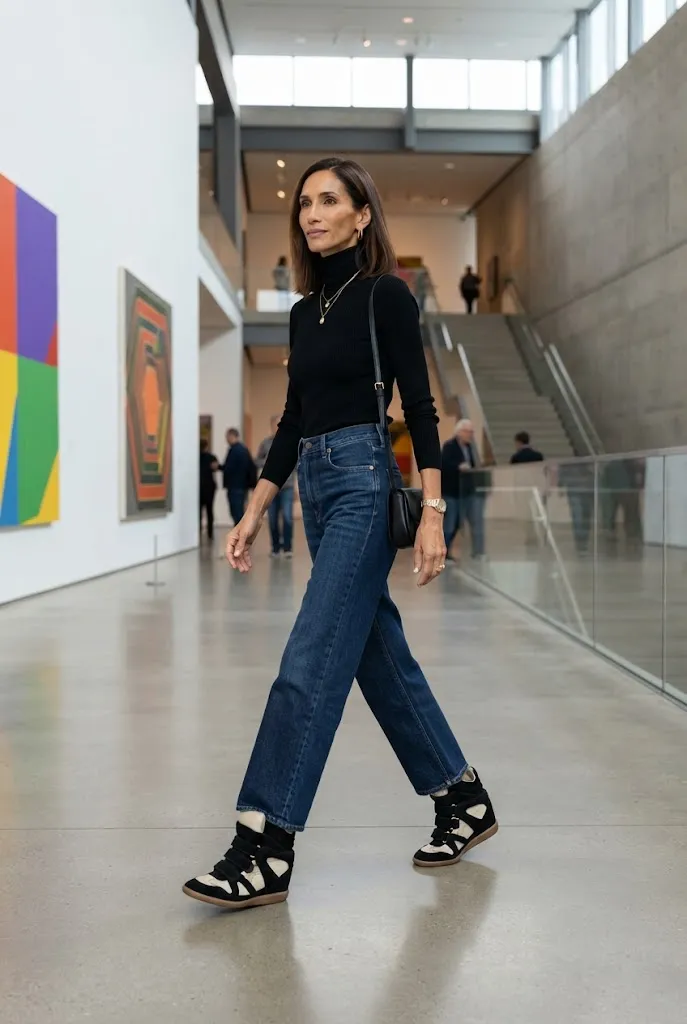 Woman in wide-leg denim wearing black Isabel Marant-style wedge sneakers in a museum