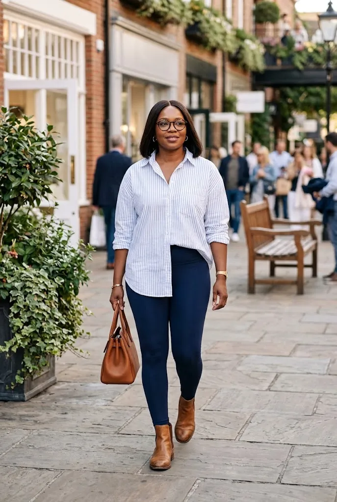 Black woman over 40 wearing navy blue leggings with an oversized striped shirt and tan ankle boots.