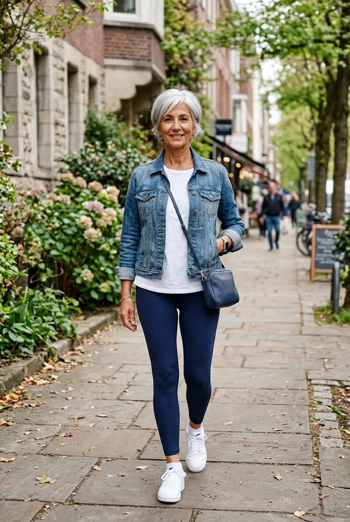Mature woman wearing navy leggings with a denim jacket and white sneakers