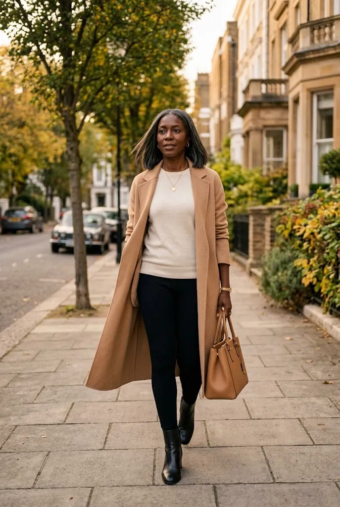 Black woman over 40 in black leggings with a cream sweater, camel cardigan, and ankle boots.