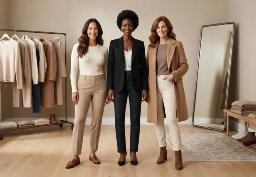 Three women wearing modern neutral capsule wardrobe outfits in a stylish fashion studio