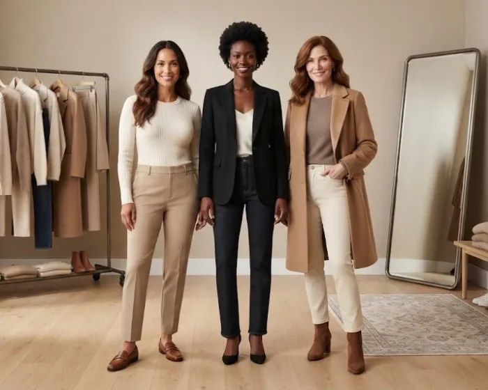 Three women wearing modern neutral capsule wardrobe outfits in a stylish fashion studio