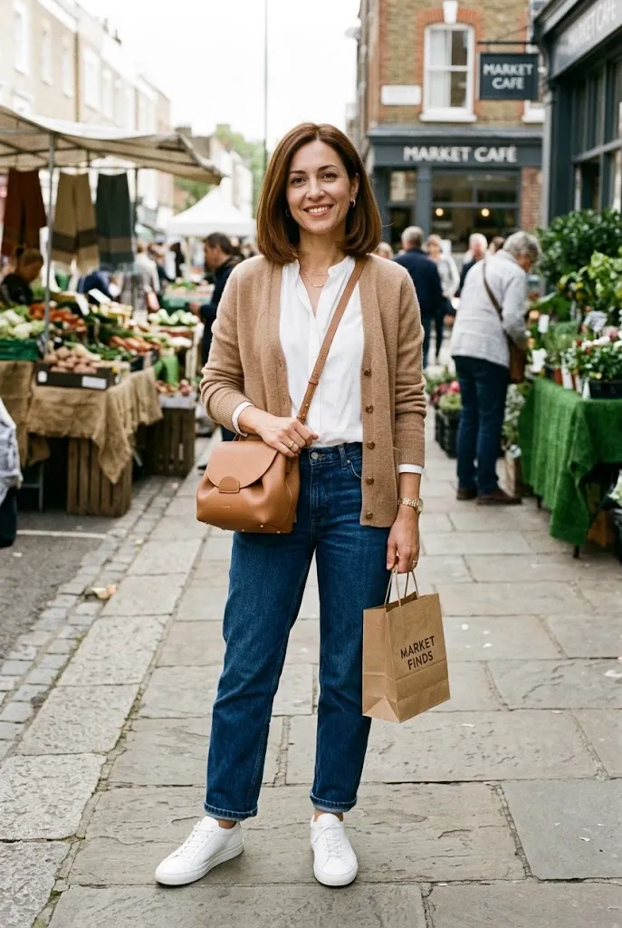 Woman over 30 wearing a neutral crossbody bag with a casual capsule outfit