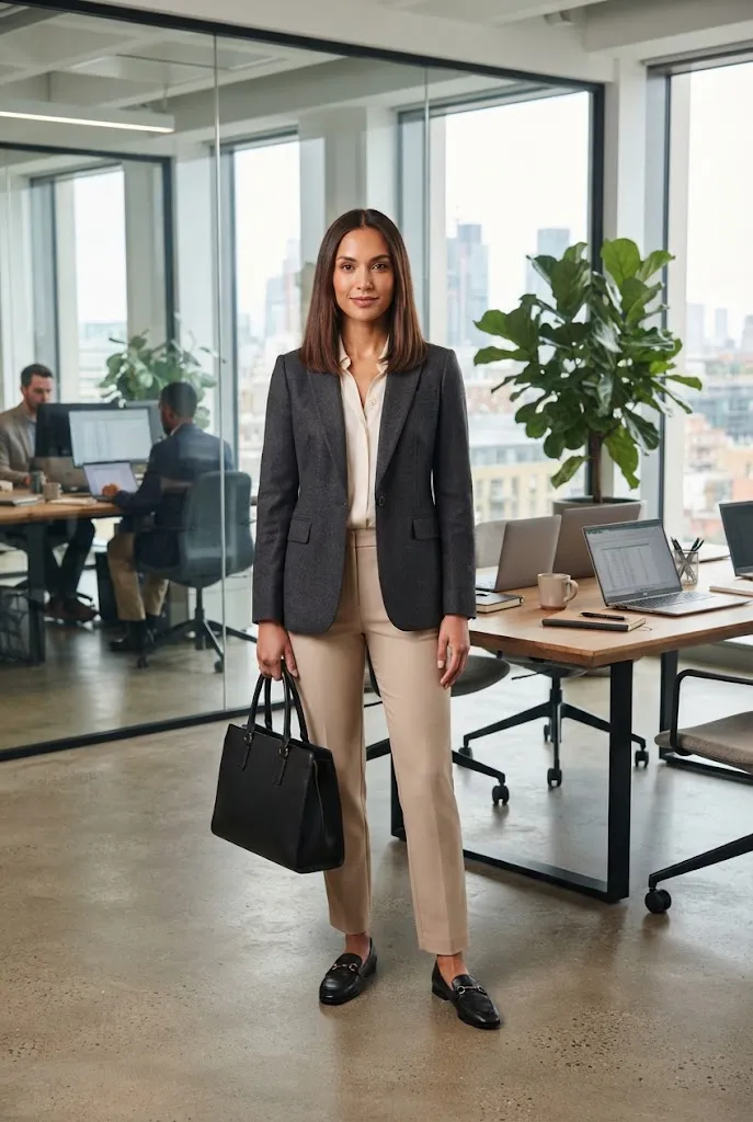 Woman wearing a modern neutral workwear capsule outfit