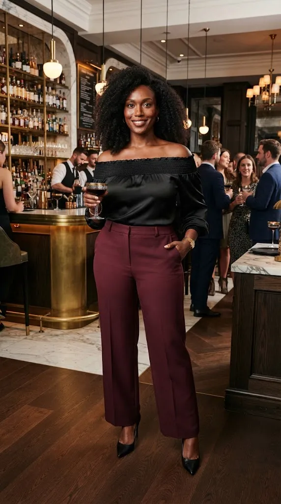 Plus size woman wearing an off-shoulder top with wide-leg party trousers