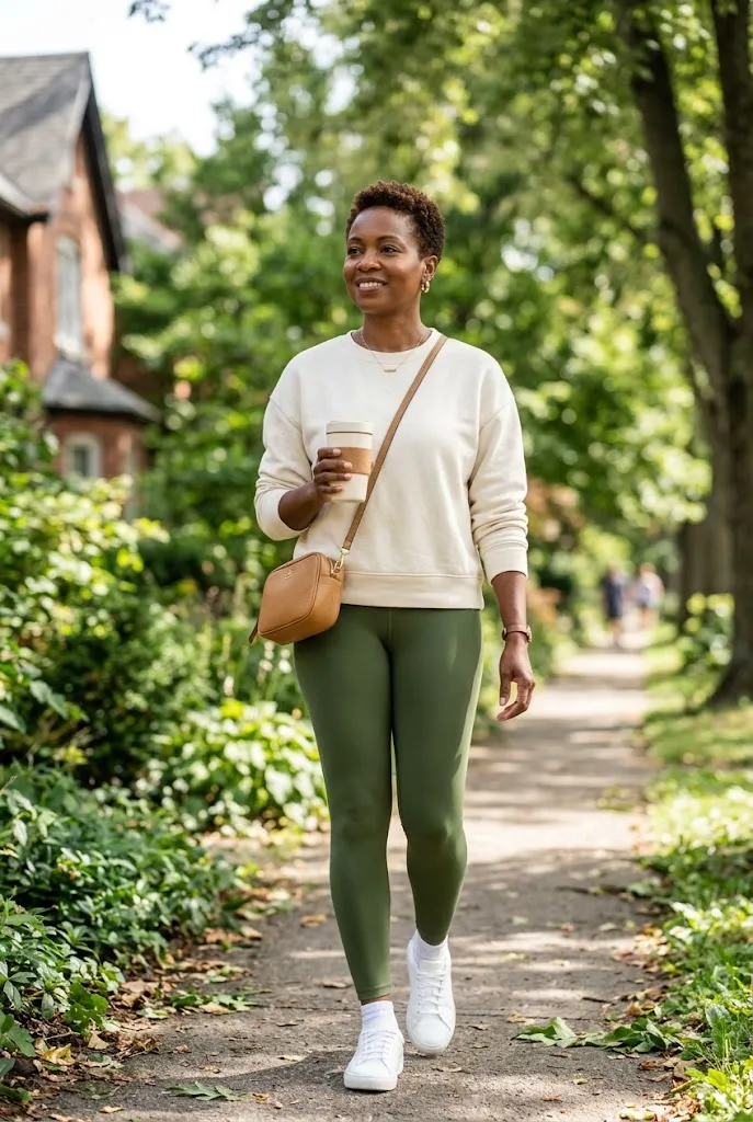 Black woman over 40 wearing olive green leggings with a cream sweatshirt and white sneakers