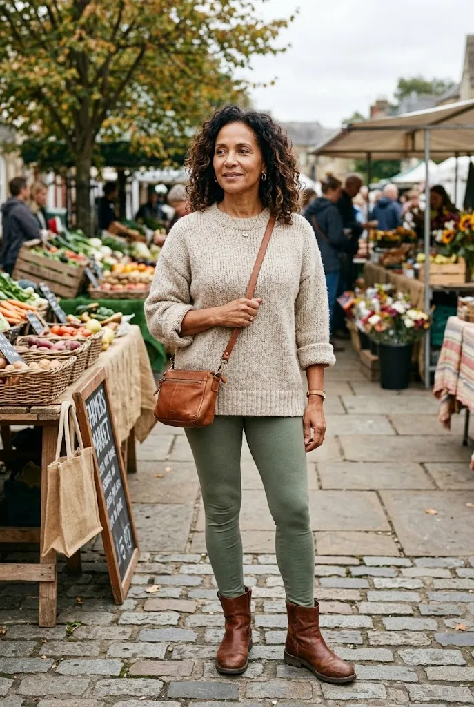 Woman over 50 wearing olive leggings with an oatmeal sweater and brown boots