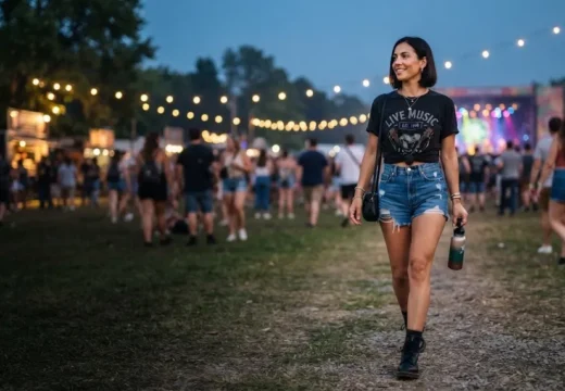 Woman wearing a knotted graphic tee and denim shorts walking at an outdoor concert