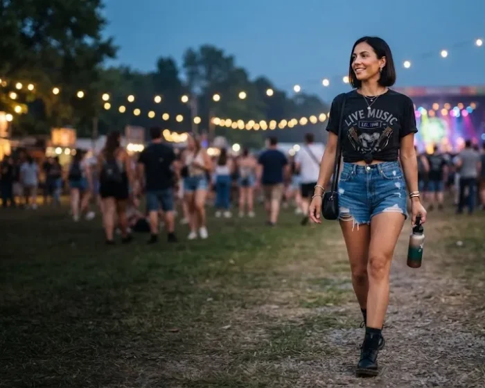 Woman wearing a knotted graphic tee and denim shorts walking at an outdoor concert