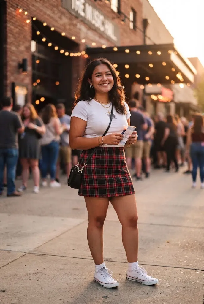 Woman in her 20s wearing a plaid mini skirt and fitted baby tee for a concert outfit