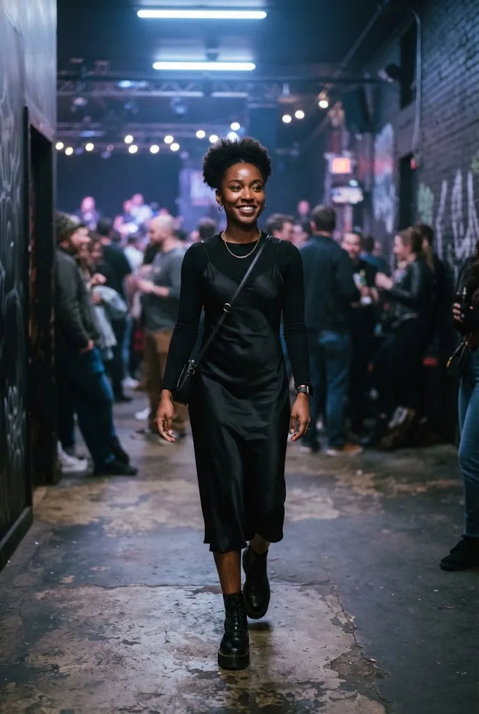 Woman in her 20s in a black slip dress layered over a long sleeve top