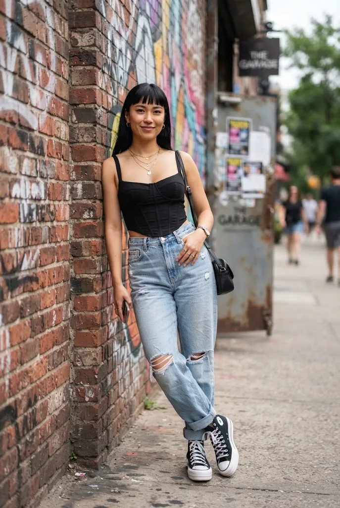Woman in her 20s wearing a corset top with baggy jeans concert outfit