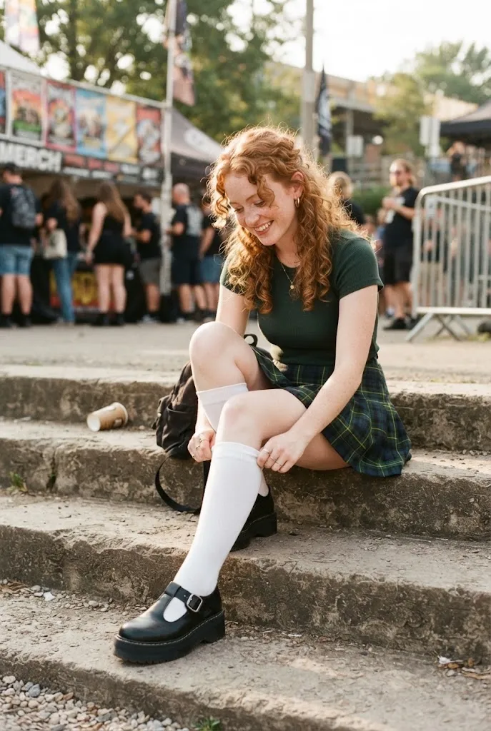 Woman in her 20s wearing knee high socks and platform Mary Janes for a schoolgirl grunge look