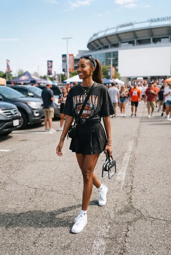 Woman in her 20s wearing an oversized band tee tied at the waist over a pleated skirt
