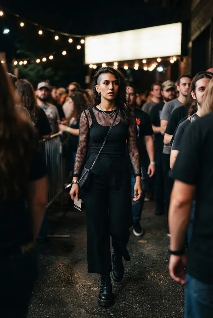 Woman in her 20s wearing an all black grunge outfit with mixed textures for a concert