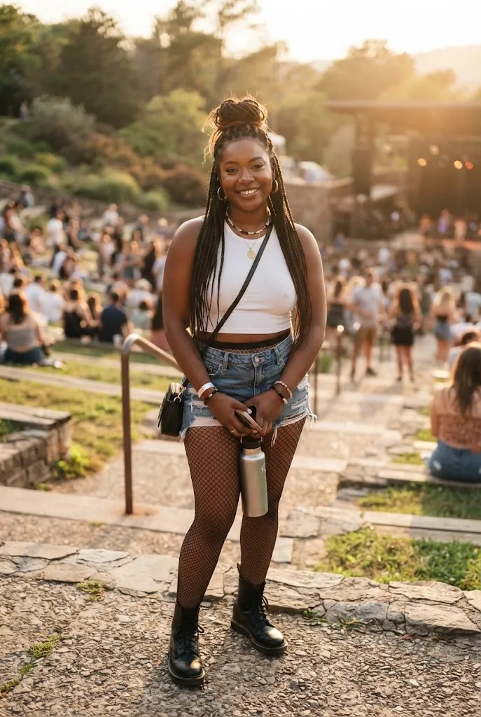 Woman in her 20s wearing denim shorts with fishnet tights for a warm weather concert