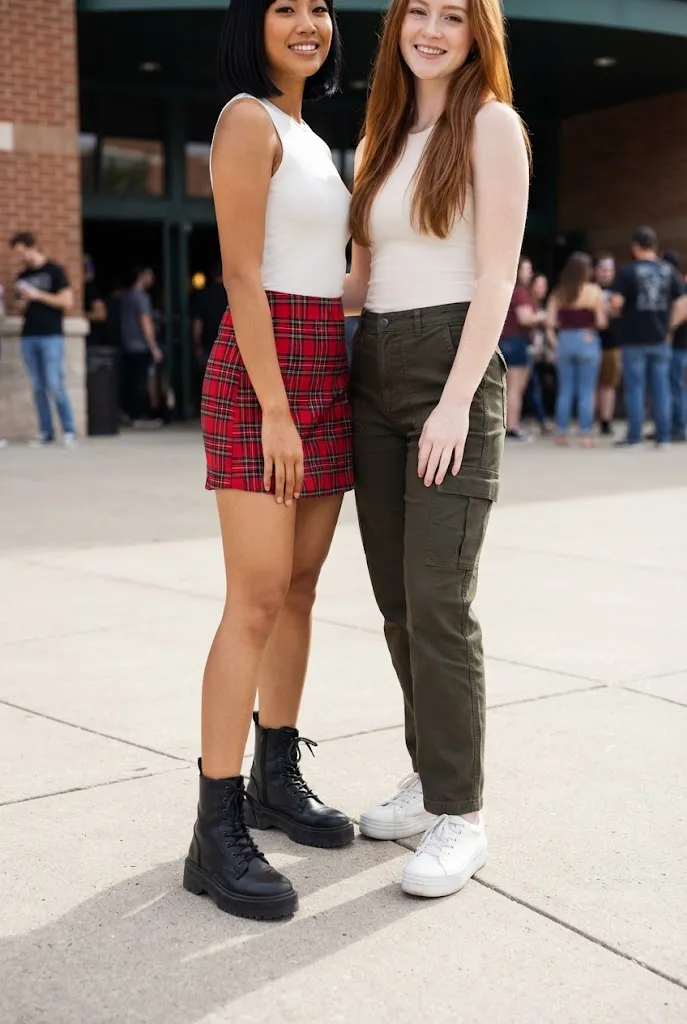 Two women in their 20s comparing combat boots and platform sneakers for a concert outfit