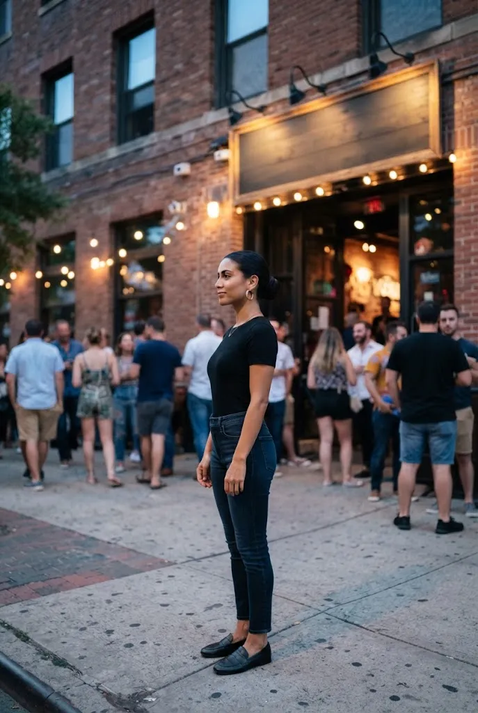 Woman in her 20s wearing large statement hoop earrings for a concert look