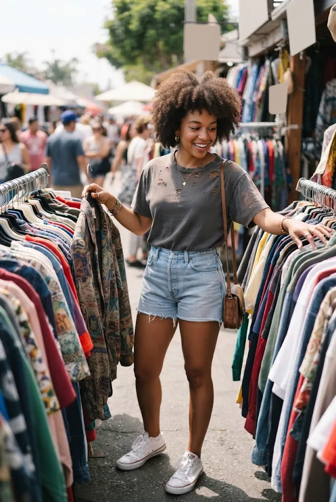 Woman in her 20s wearing a faded thrifted vintage graphic tee for a concert outfit