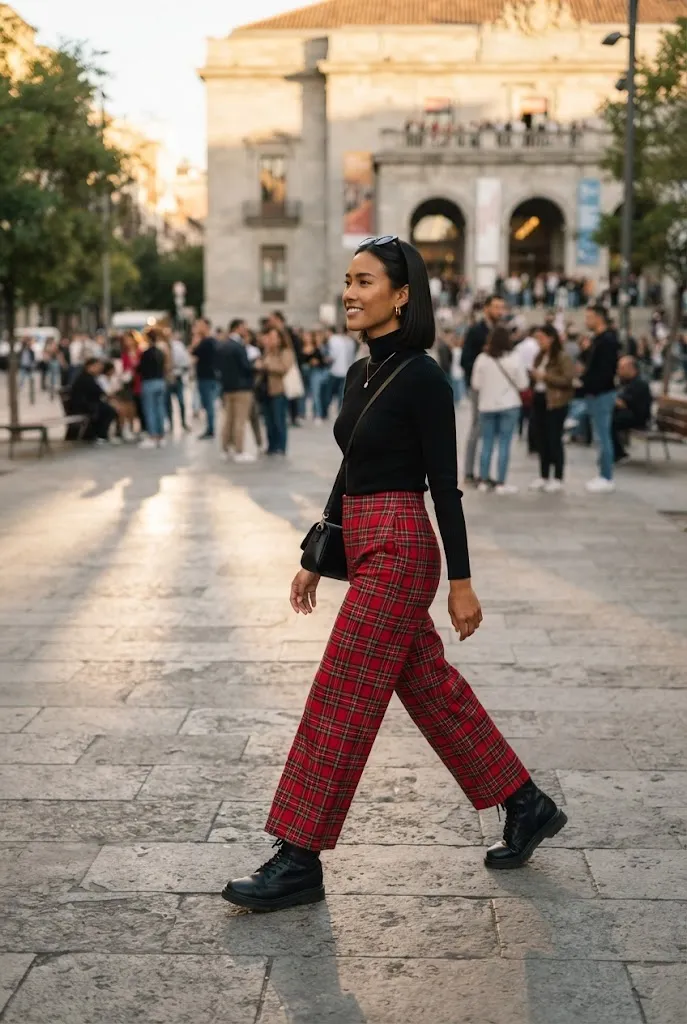 Woman in her 20s wearing wide leg plaid pants as a concert outfit alternative to a skirt