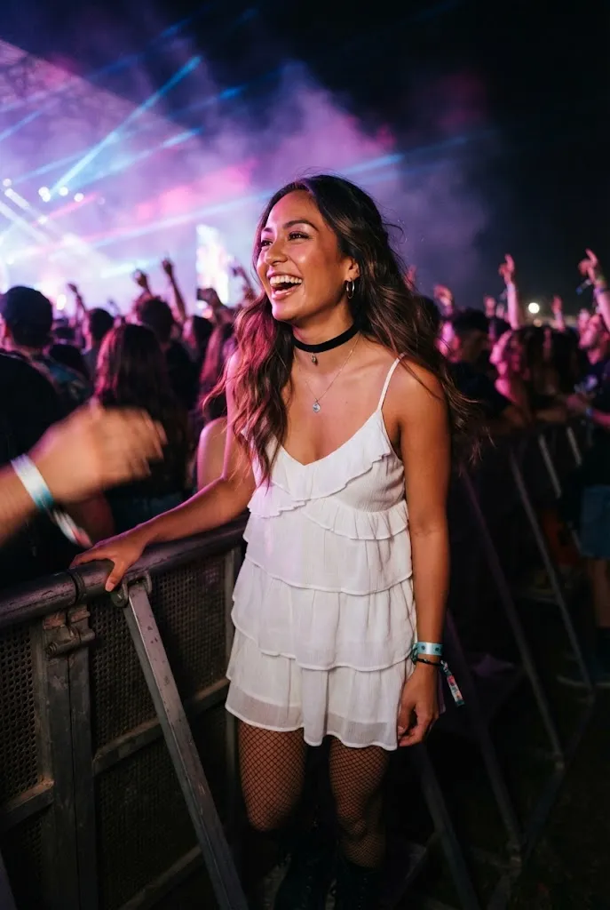 Woman in her 20s wearing a white ruffled slip dress with a choker for a concert outfit