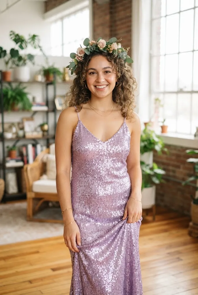 Woman in her 20s wearing a metallic sequin slip dress that catches stage lighting
