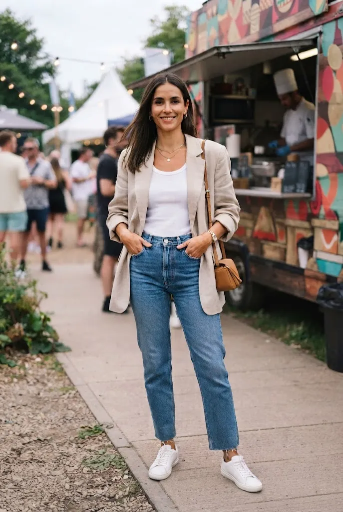 Woman wearing an oversized blazer over a tank top and jeans at a concert
